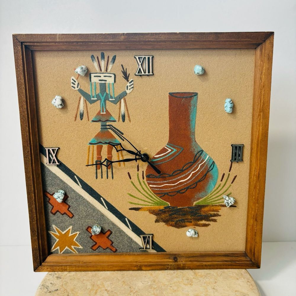 Vintage‎ Native American Navajo Turquoise Stones Sand Painting Art Clock VTG